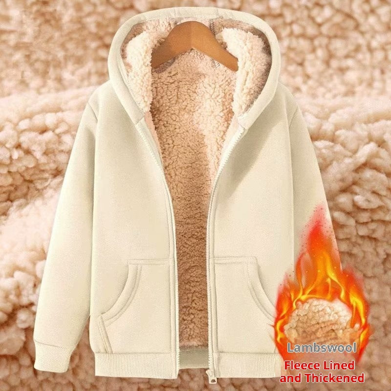 Women's Simple Solid Color Cold-proof Warm Berber Fleece Hooded Jacket 