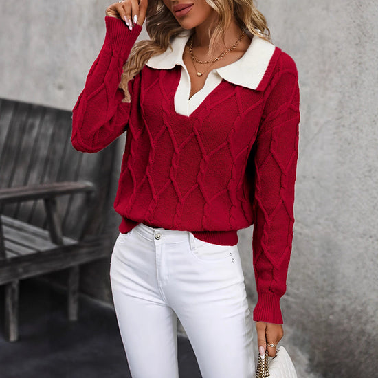Women's Lapel V-Neck Sweater, Color Block Long Sleeve Casual Pullover 