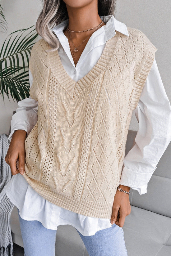 Hollowed-out Twisted V-neck Knitted Vest Sweater For Women CJ US