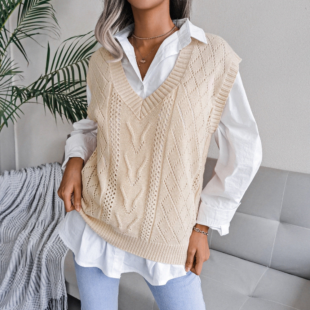 Hollowed-out Twisted V-neck Knitted Vest Sweater For Women CJ US