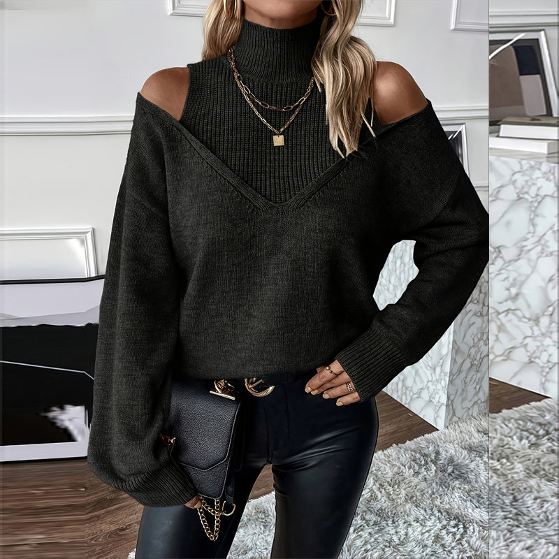 Women's Elegant Off-Shoulder Turtleneck Sweater, Solid Color Long Sleeve Knit Top For Autumn & Winter CJ US