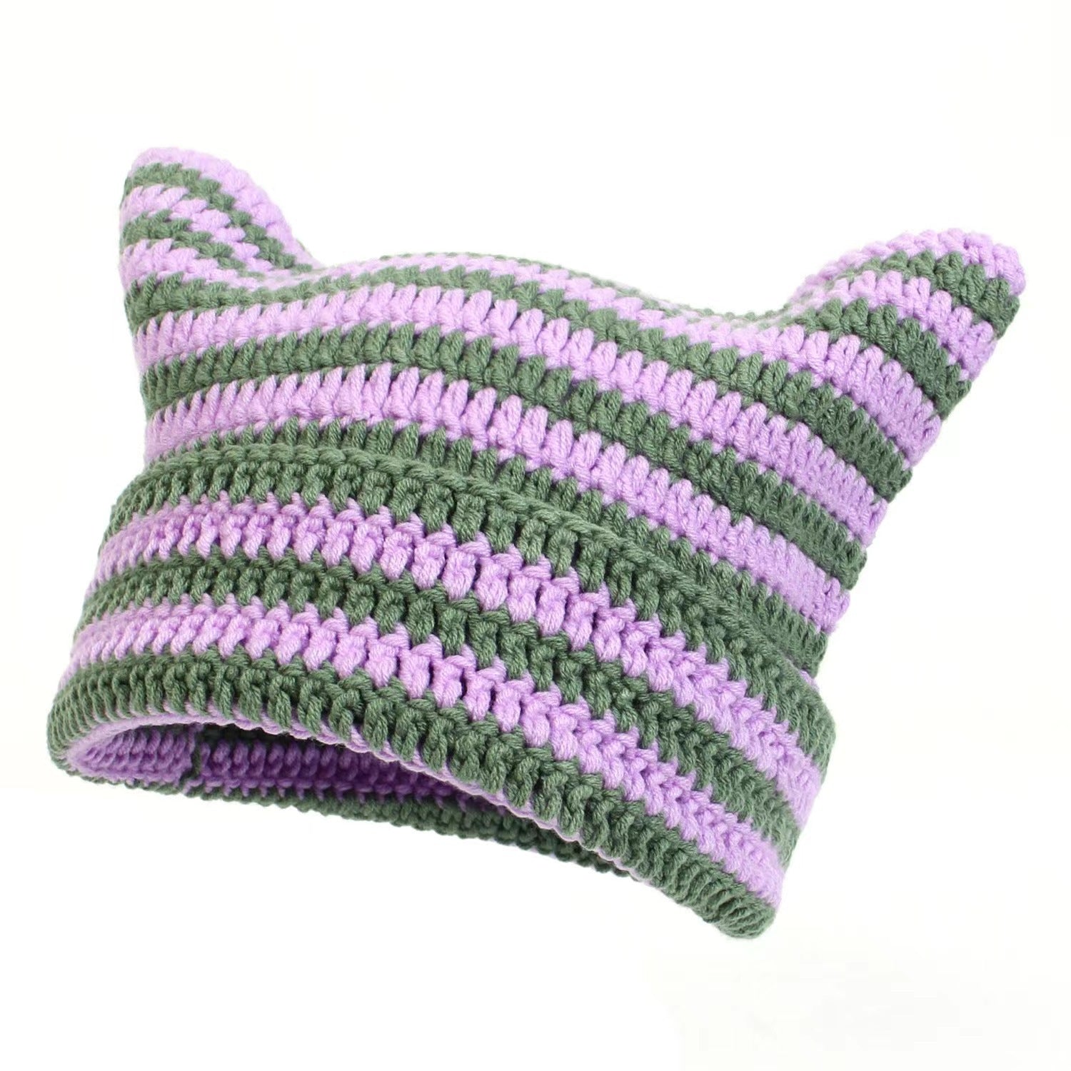 Women’s Hand Knitted Striped Cat Hat – Cute Warm Winter Beanie - FitiqueFit
