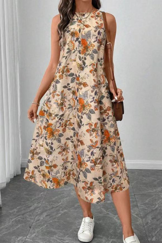 Womens Printed All-Match Sleeveless Pocketed Dress 