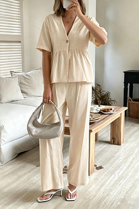 V-neck Loose-fit Short-sleeve Top And Wide-leg Pants Two-piece Set 