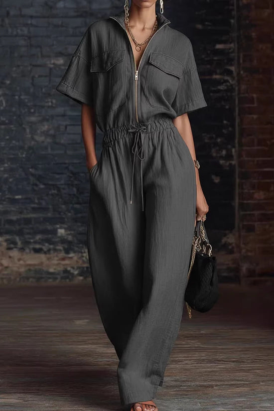 Stand-up Collar Sleeveless Casual Loose-fit Cotton-linen Jumpsuit 