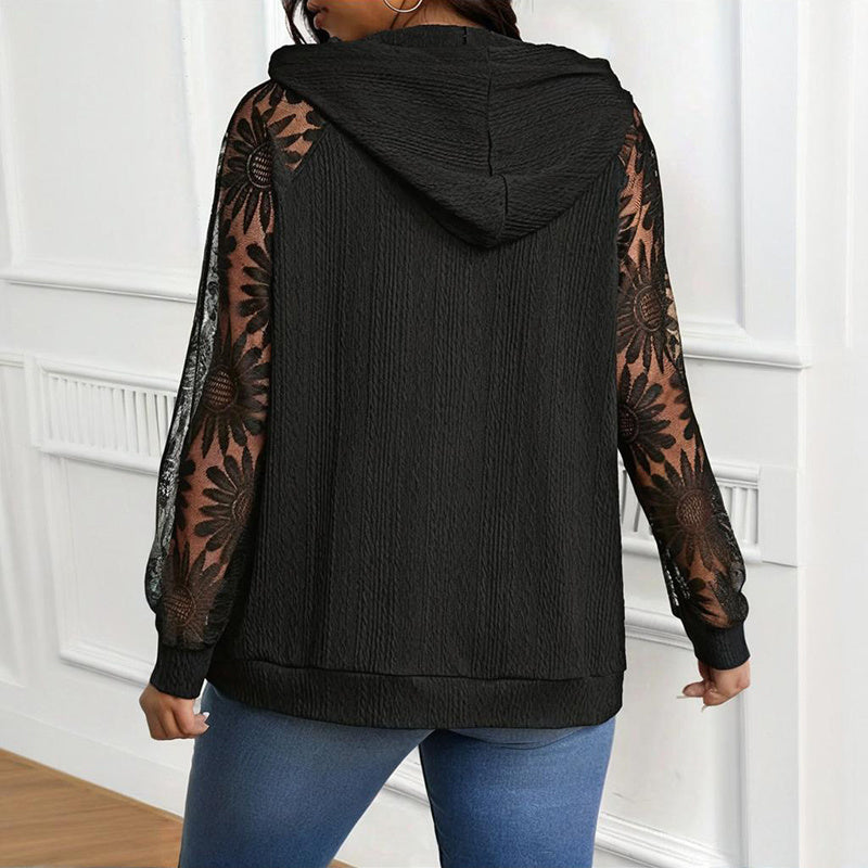 Women's Plus Size Hoodie Lace Long Sleeve Pullover Top, Fall Casual Drawstring Sweatshirt CJ US