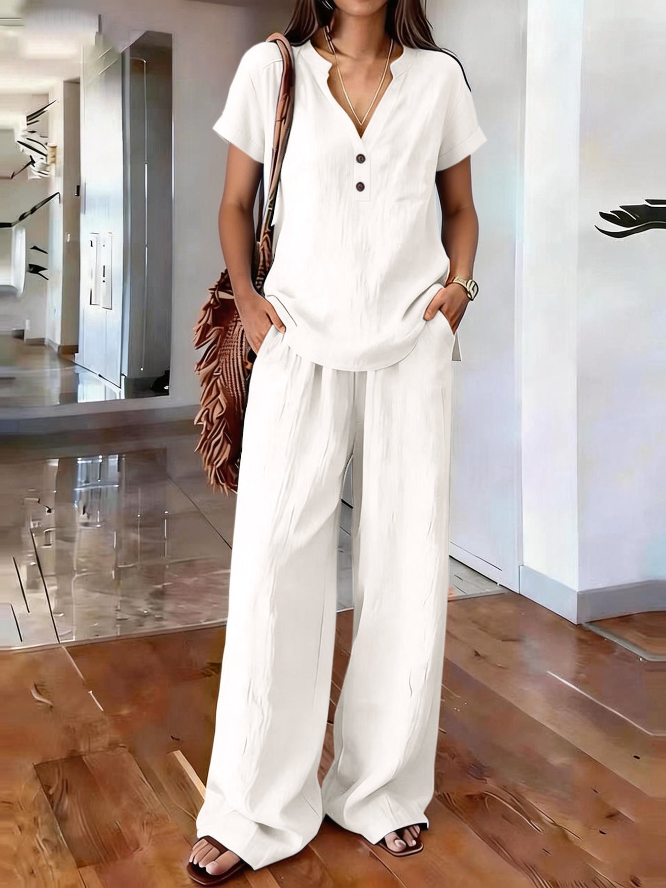 Women's Casual Solid-Colored Cotton And Linen Set 