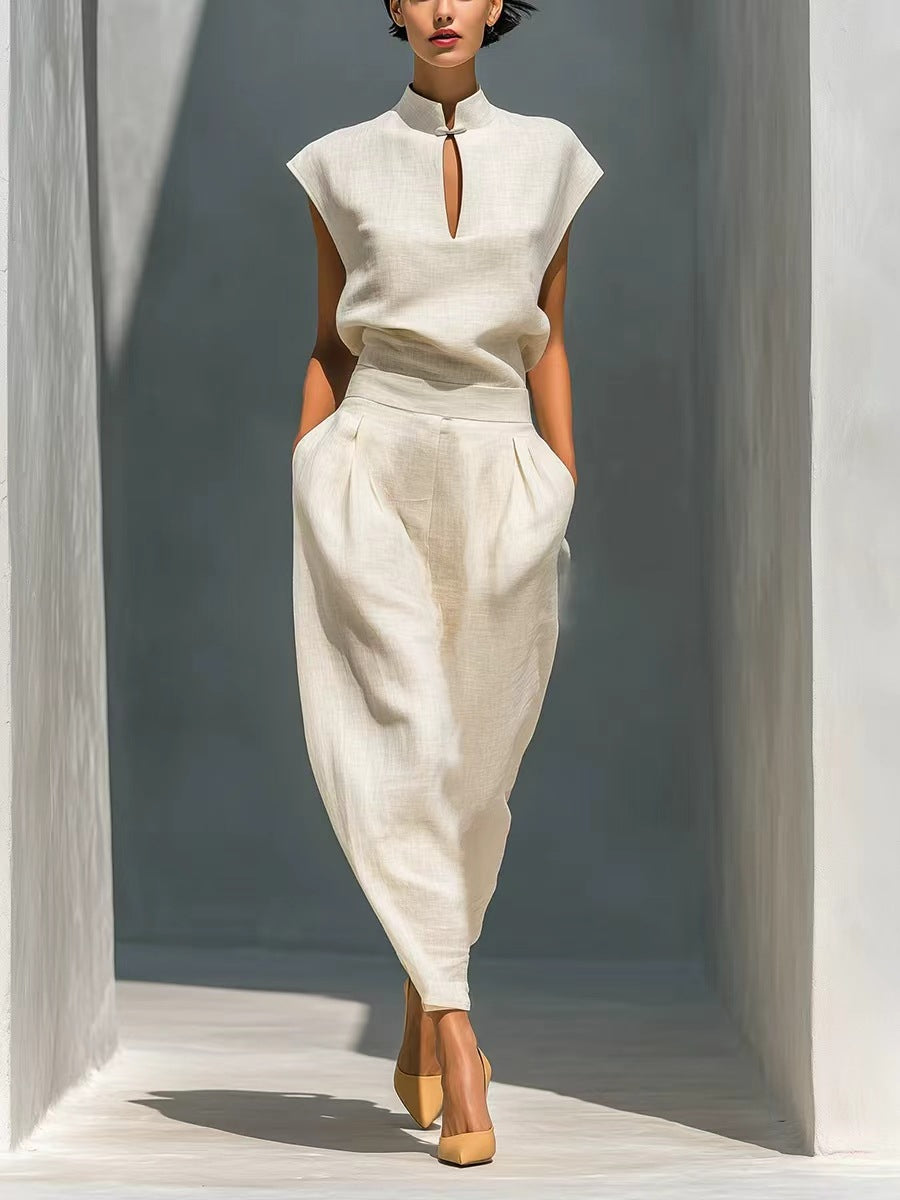 Chinese-style Satin Short-sleeve T-shirt And Pants Set For Women 