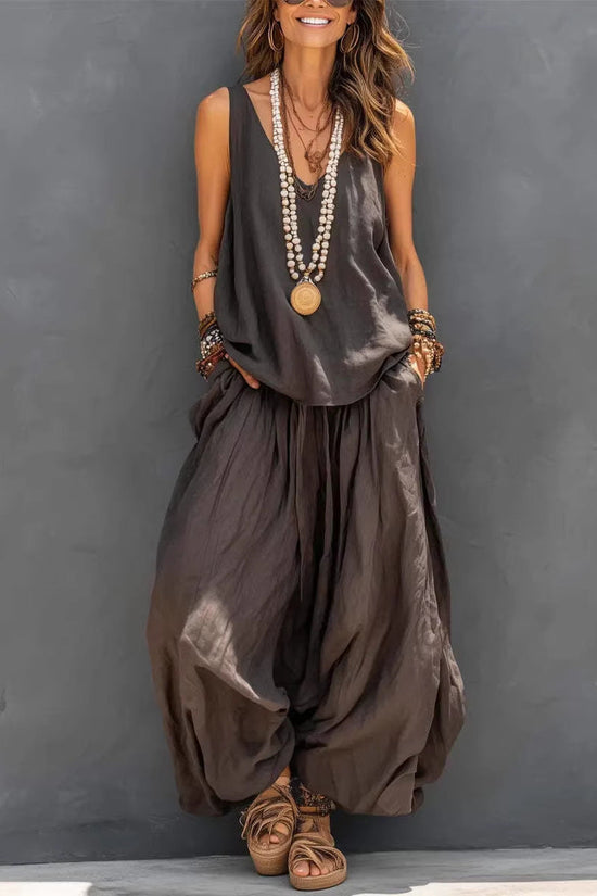 Womens Solid-Colored Casual Sleeveless Tank Top And Wide-Leg Pants Cotton-Linen Set 