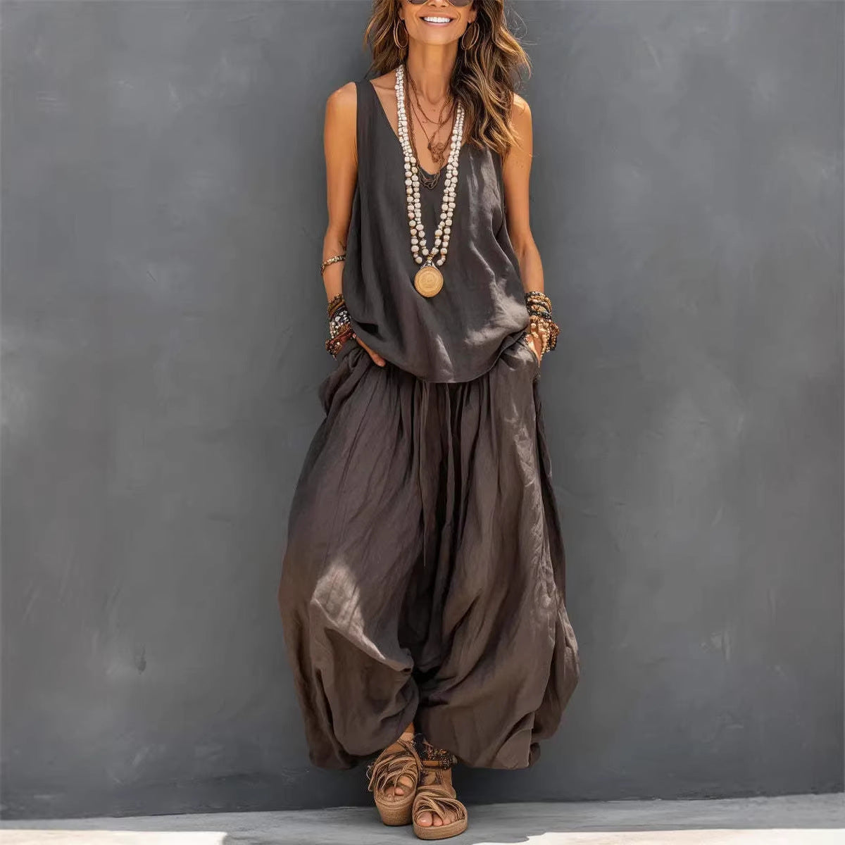 Womens Solid-Colored Casual Sleeveless Tank Top And Wide-Leg Pants Cotton-Linen Set 