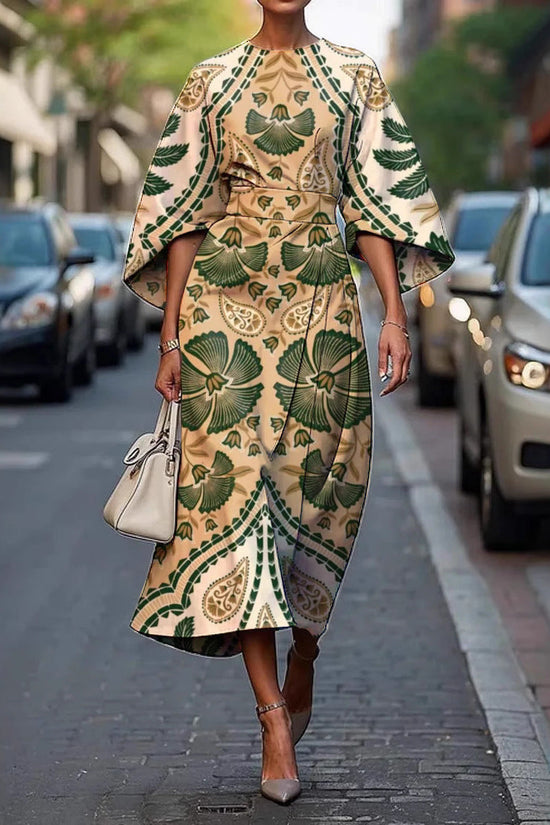 Women's Elegant Geometric Print Batwing Sleeve Round Neck Maxi Dress 