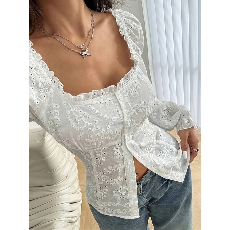 Women's Square Neck Puff Sleeve Eyelet Lace Hollow Out Button Top Blouse 