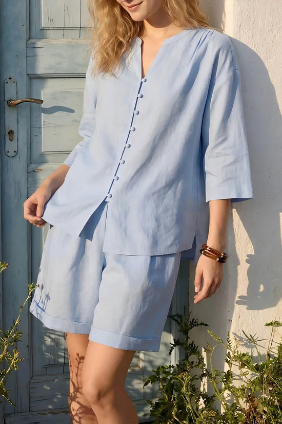 Womens V-neck Top And High-Waist Wide-Leg Shorts Set 