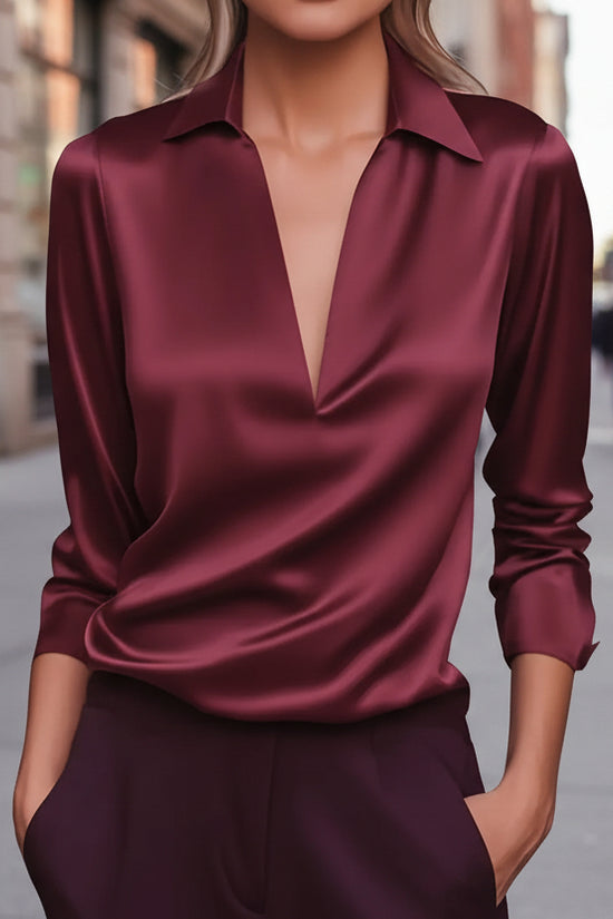 Elegant Women's V-Neck Long Sleeve Blouse With Satin Sheen Solid Color Formal Shirt For Spring Fall CJ US