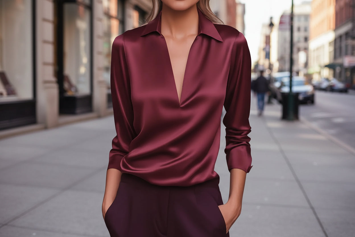 Elegant Women's V-Neck Long Sleeve Blouse With Satin Sheen Solid Color Formal Shirt For Spring Fall CJ US
