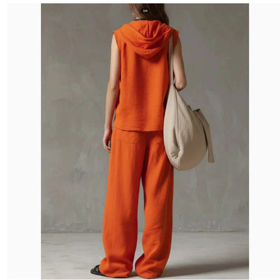 Sleeveless Loose Casual Hooded Top High-Waist Wide-Leg Pants Set 