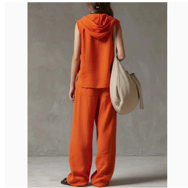 Sleeveless Loose Casual Hooded Top High-Waist Wide-Leg Pants Set 
