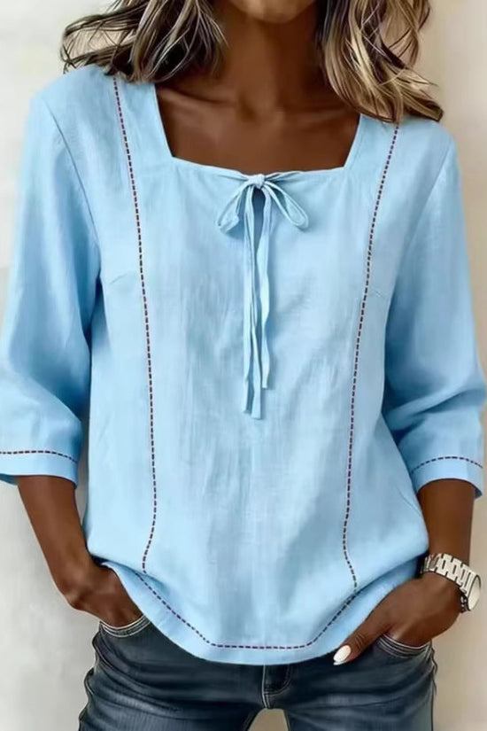 Printed Lace-Up Square-Neck Mid-Sleeve Womens Shirt 