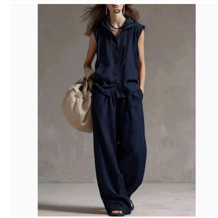 Sleeveless Loose Casual Hooded Top High-Waist Wide-Leg Pants Set 