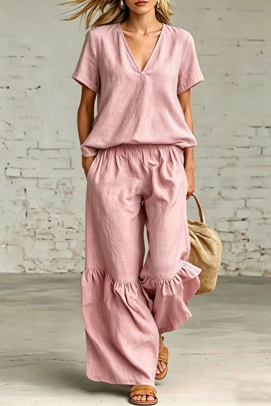 Womens Casual Solid Color V-Neck Loose Short-Sleeve Pants Set 
