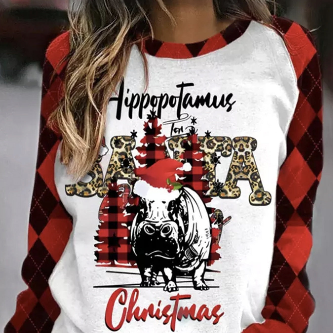 Ladies' Fashionable New Hippopotamus Christmas Leopard Plaid Hoodie Casual Long Sleeved Top CJ US