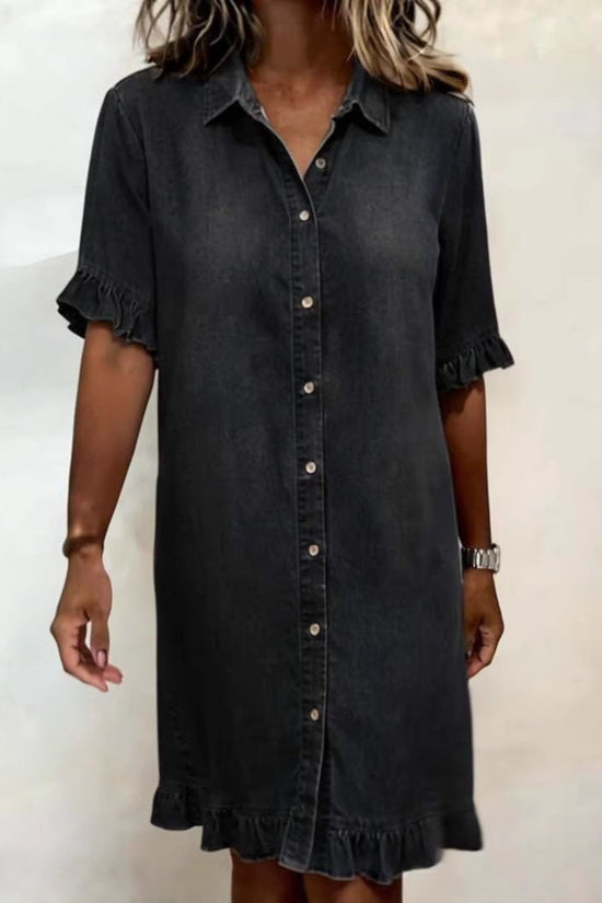 Solid-color Faux Denim Ruffled-edge Shirt Dress 