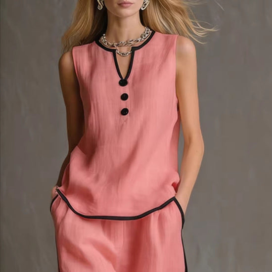 Sleeveless V-Neck Black Trim Contrast Color Simple Womens Top And Wide-Leg Pants Set 