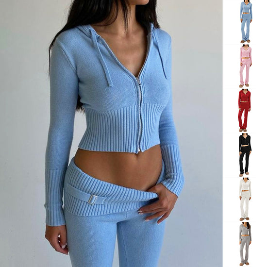 Long Sleeve Sweater & High Waist Long Pants Set | ladies long sweaters