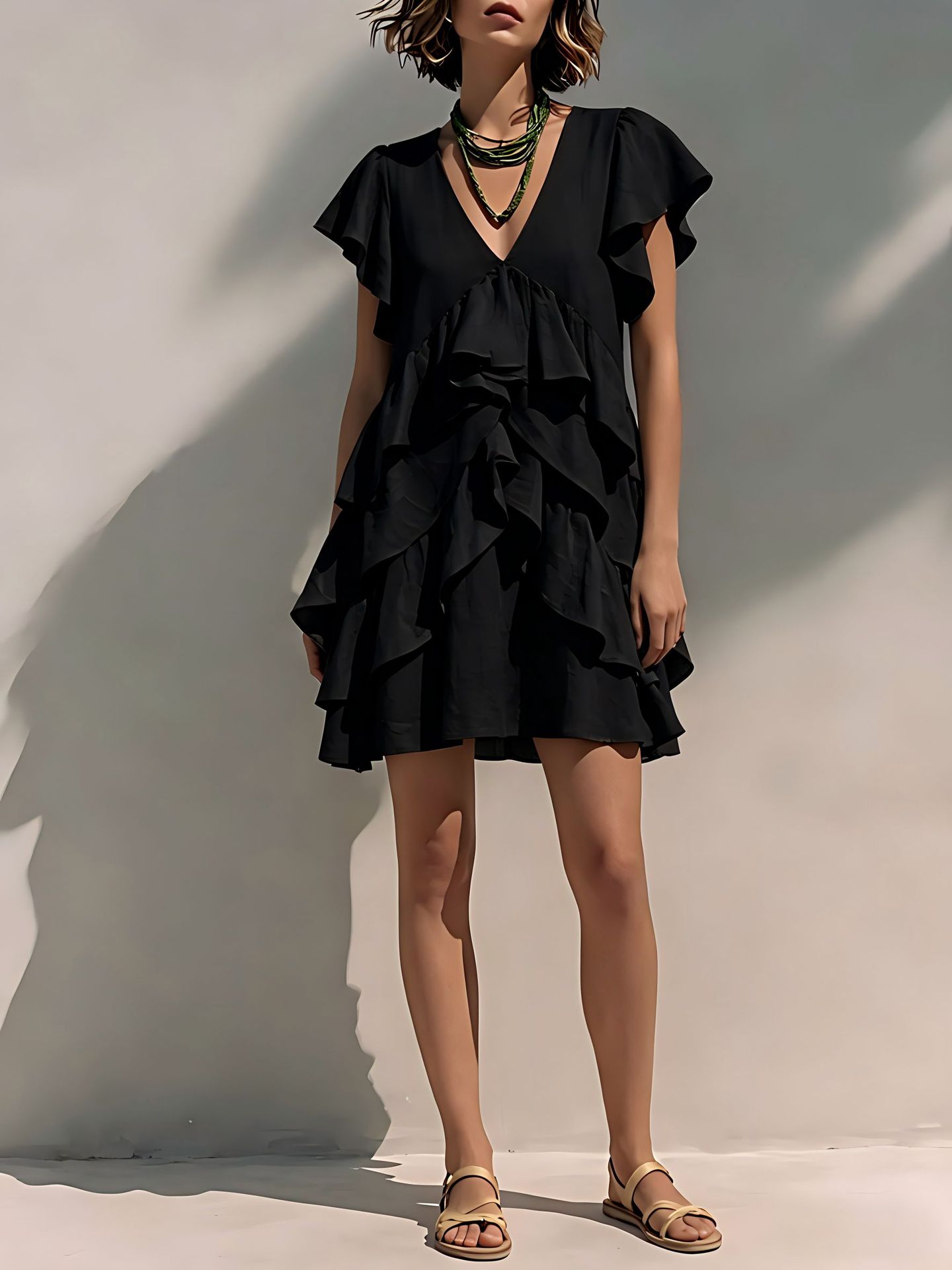 Women's V-Neck Ruffled-Edge Short-Sleeve Casual Loose Dress 