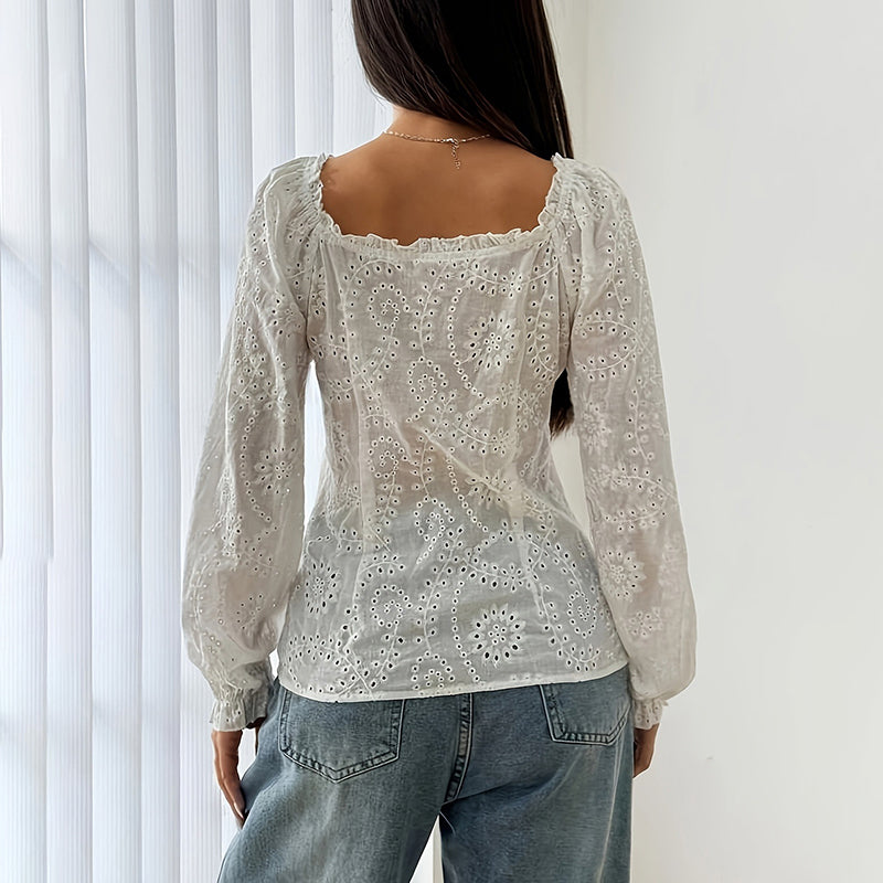 Women's Square Neck Puff Sleeve Eyelet Lace Hollow Out Button Top Blouse 