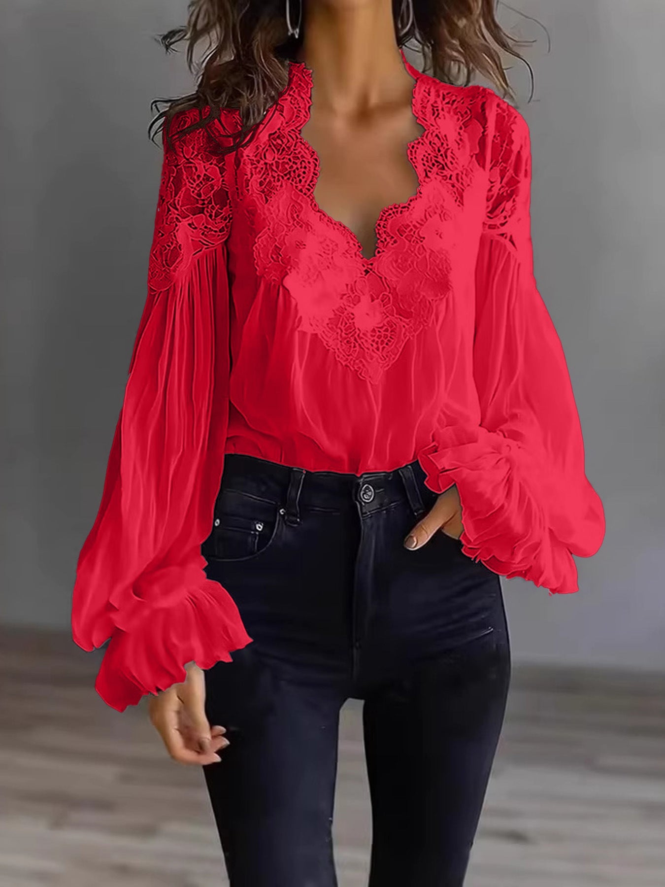 Lace-panelled Ruffled Puff-sleeve Pleated Shirt 