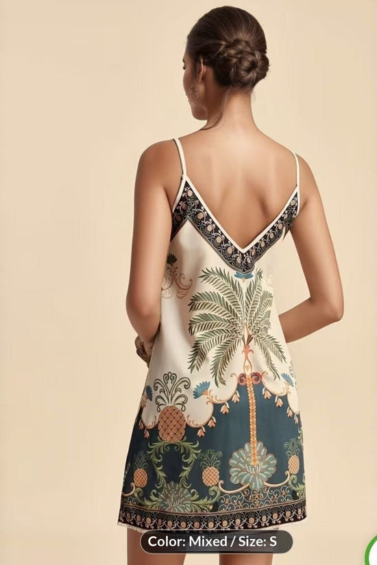 European And American-style Tropical Print V-Neck Slip Dress 