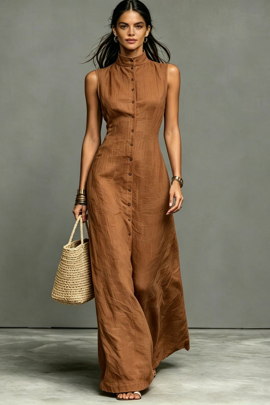 Blended Fabric Stand-up Collar Single-breasted Sleeveless Maxi Dress 