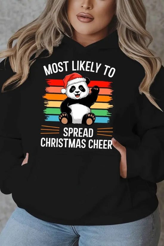 Plus Size Christmas Cheer Panda Print Hoodie, Casual Pullover With Hood,Long Sleeve, With Pockets For Women, Fall Winter CJ US