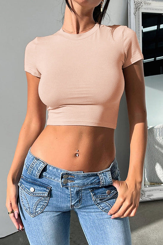 Women's Slim Fit Midriff-Baring Short Sleeve Crop Top FitiqueFit