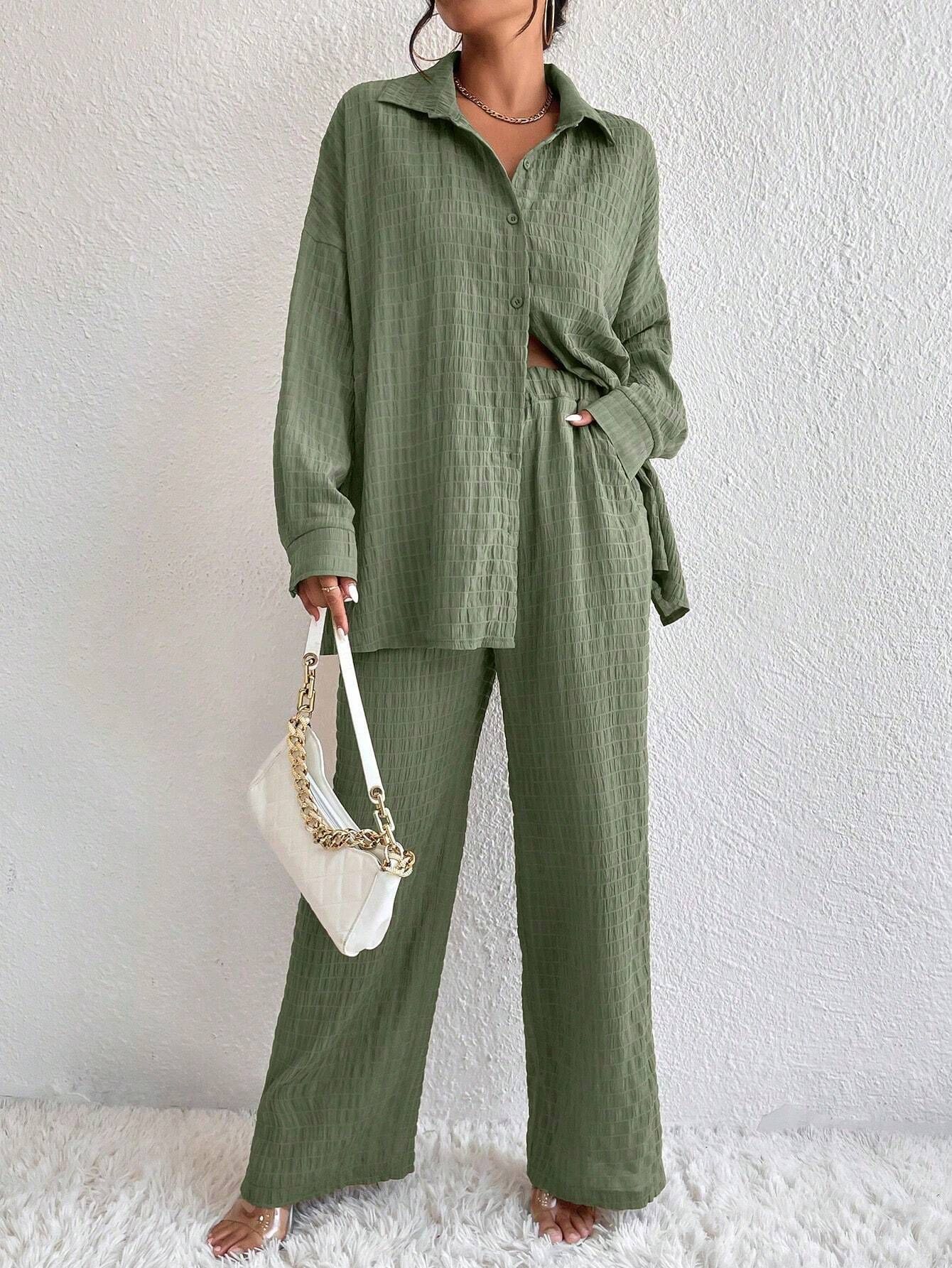 Summer New European And American Style Pleated Long-Sleeve Lapel Loose Two-Piece Set 