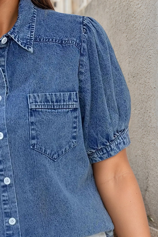 Women's Retro Washed Denim Shirt, Loose Fitting Short Sleeves, Paired With Eye-catching Bubble Sleeves And Sweetheart Collar Retro Button Up Top, Suitable For Brunch Dates And Gallery Opening Ceremoni CJ US