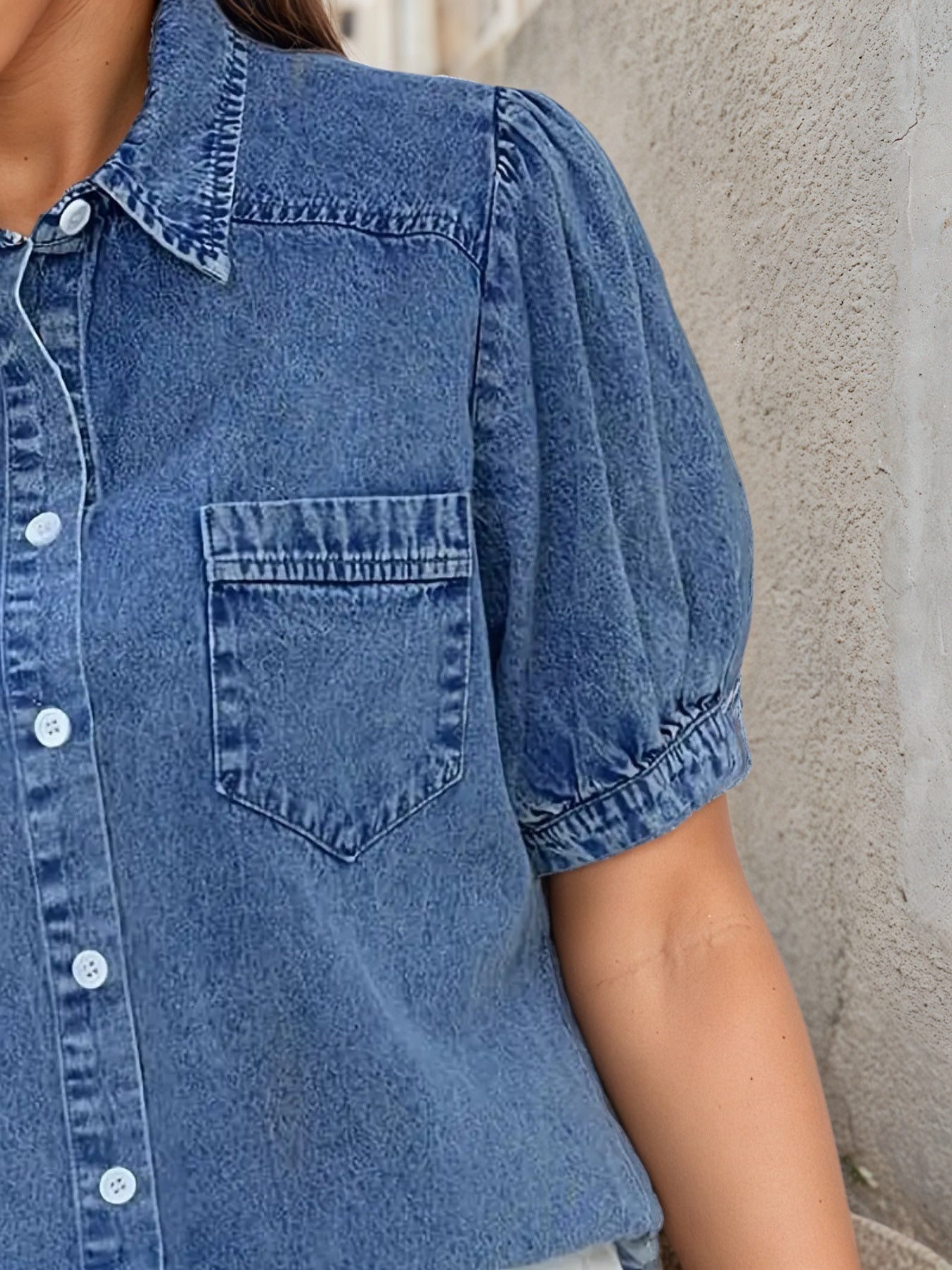 Women's Retro Washed Denim Shirt, Loose Fitting Short Sleeves, Paired With Eye-catching Bubble Sleeves And Sweetheart Collar Retro Button Up Top, Suitable For Brunch Dates And Gallery Opening Ceremoni CJ US