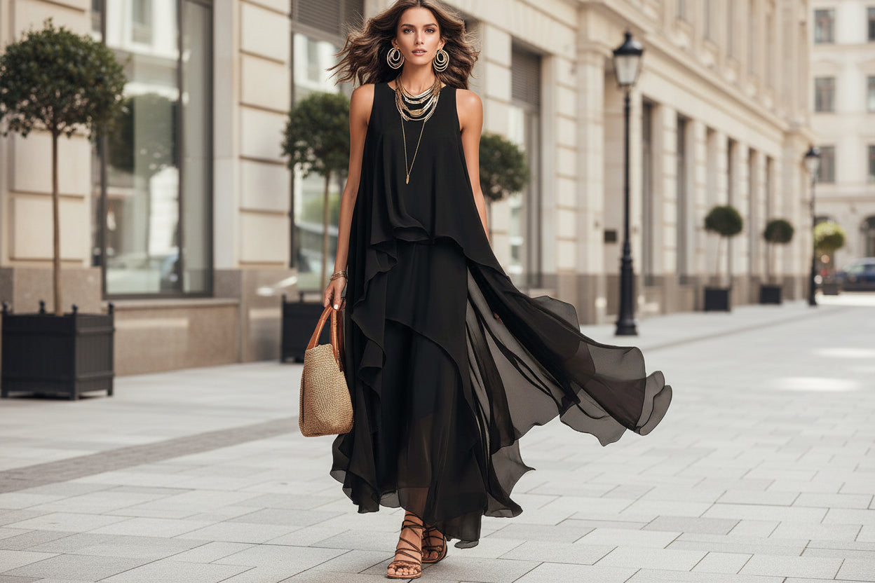 Black Sleeveless Asymmetrical Chiffon Maxi Elegant Flowing Womens Dress 
