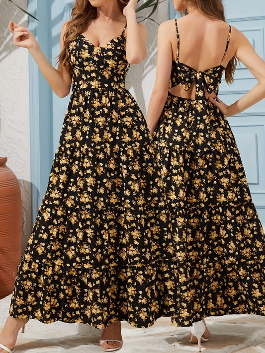 Women’s Floral Backless Maxi Dress – Strappy Dress with Bow & Flowy Skirt CJ US