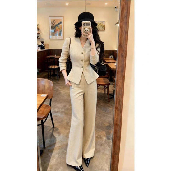 Waist-grabbing Beige Coat And Wide-leg Pants Set 