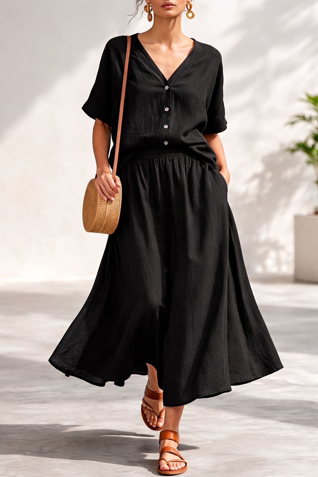 Cotton-linen V-neck Button-up Short-sleeve Top And Skirt Set 