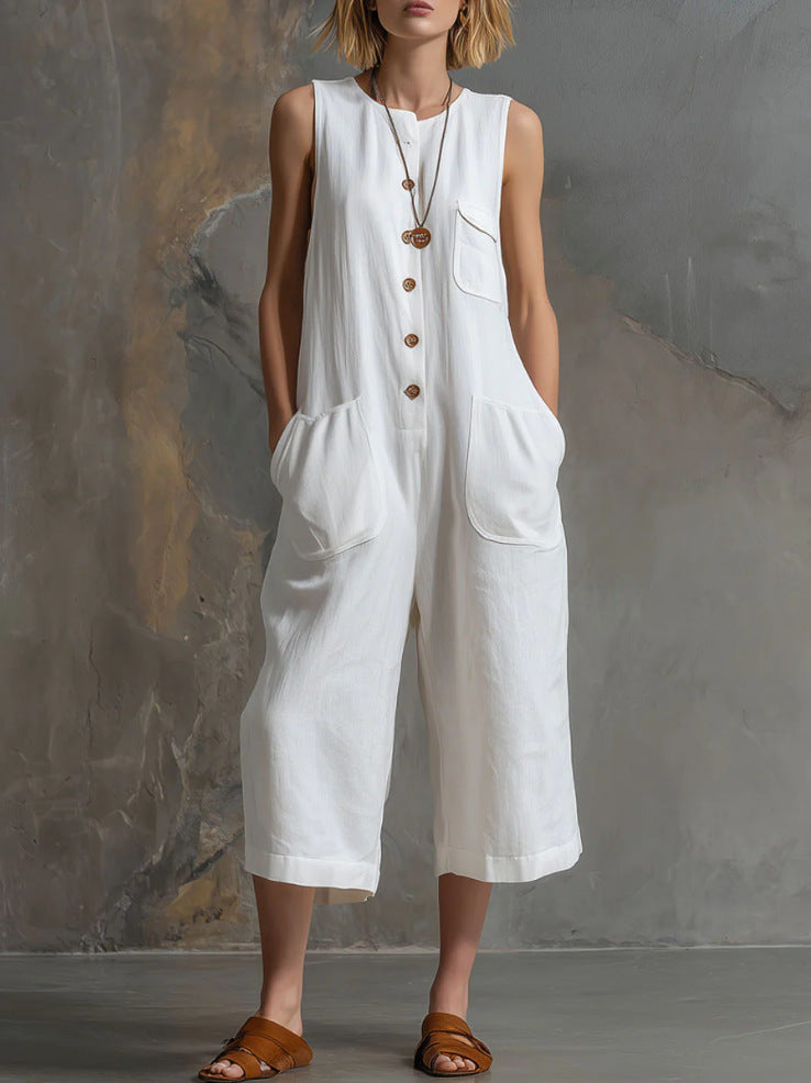 Retro Sleeveless Cotton-Linen Wide-Leg Cropped Jumpsuit 
