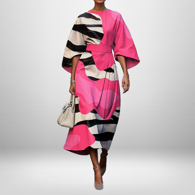 Women's Elegant Fashion Print Round Neck Long Dress 