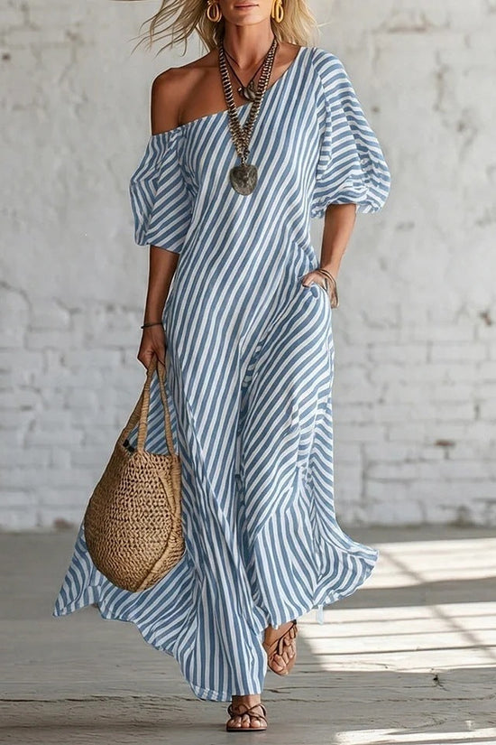 Spring Elegant Striped Off-Shoulder Dress 