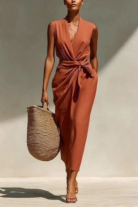 Solid-color Sleeveless Cotton-linen Feel Midi Dress 