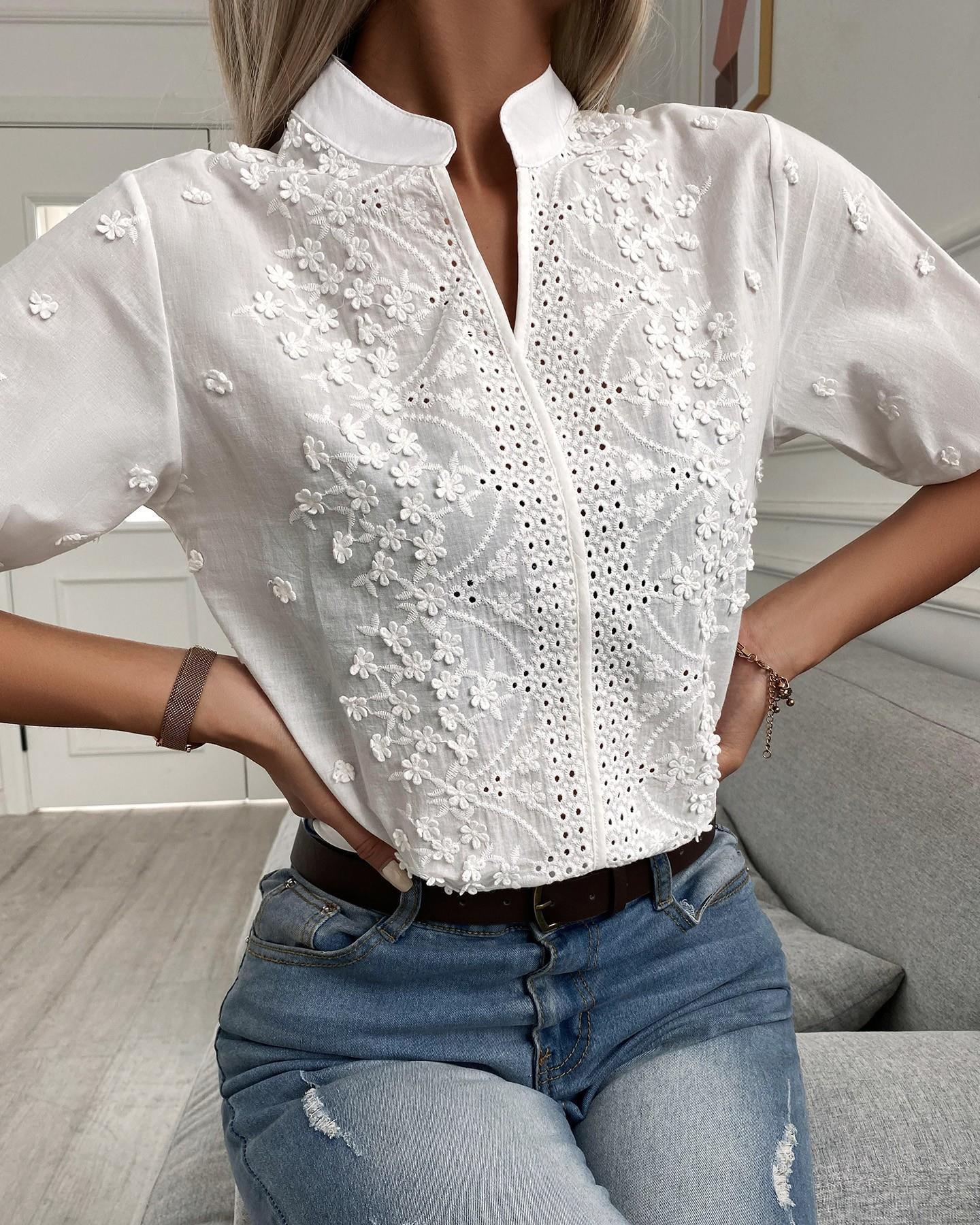 Women's Fashion V-neck Stand Collar Embroidery Lace Blouse Shirt FitiqueFit