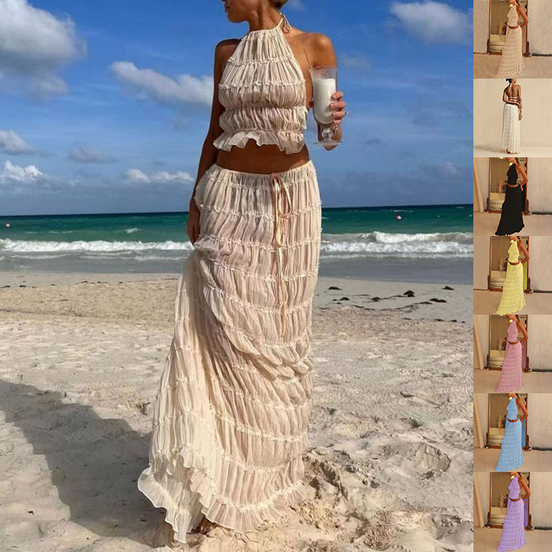2pcs Women's Dress Suit Sexy Sleeveless Backless Cropped Halter Top And Pleated Long Skirt Beach Clothing FitiqueFit