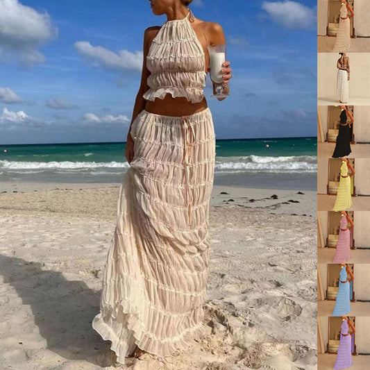 2pcs Women's Dress Suit Sexy Sleeveless Backless Cropped Halter Top And Pleated Long Skirt Beach Clothing FitiqueFit