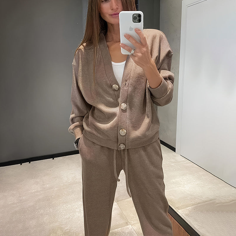 Women's Casual Knit Cardigan With Pocket & Drawstring Lounge Pants Solid Color Button Front Coat Fall Winter Loose Fit 2-Piece Outfit CJ US